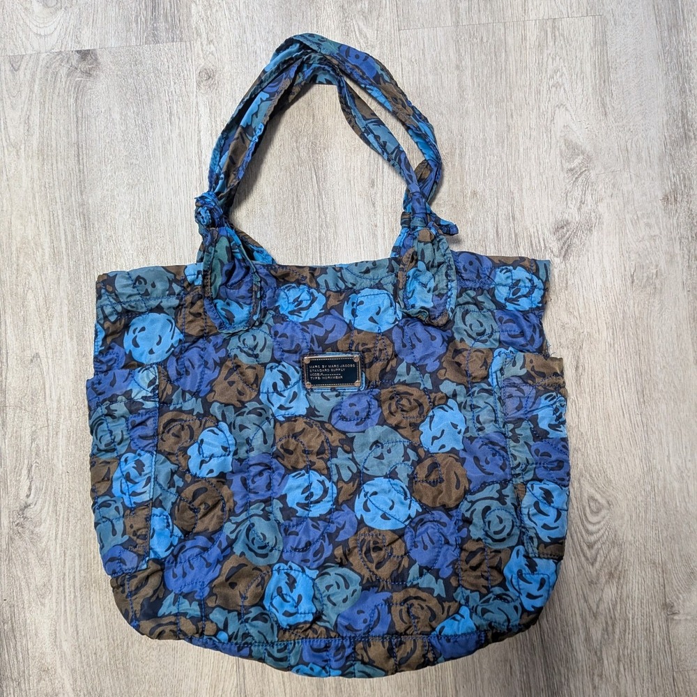 Marc by Marc Jacobs Quilted Nylon Tote Shoulder Bag Blue Brown Floral